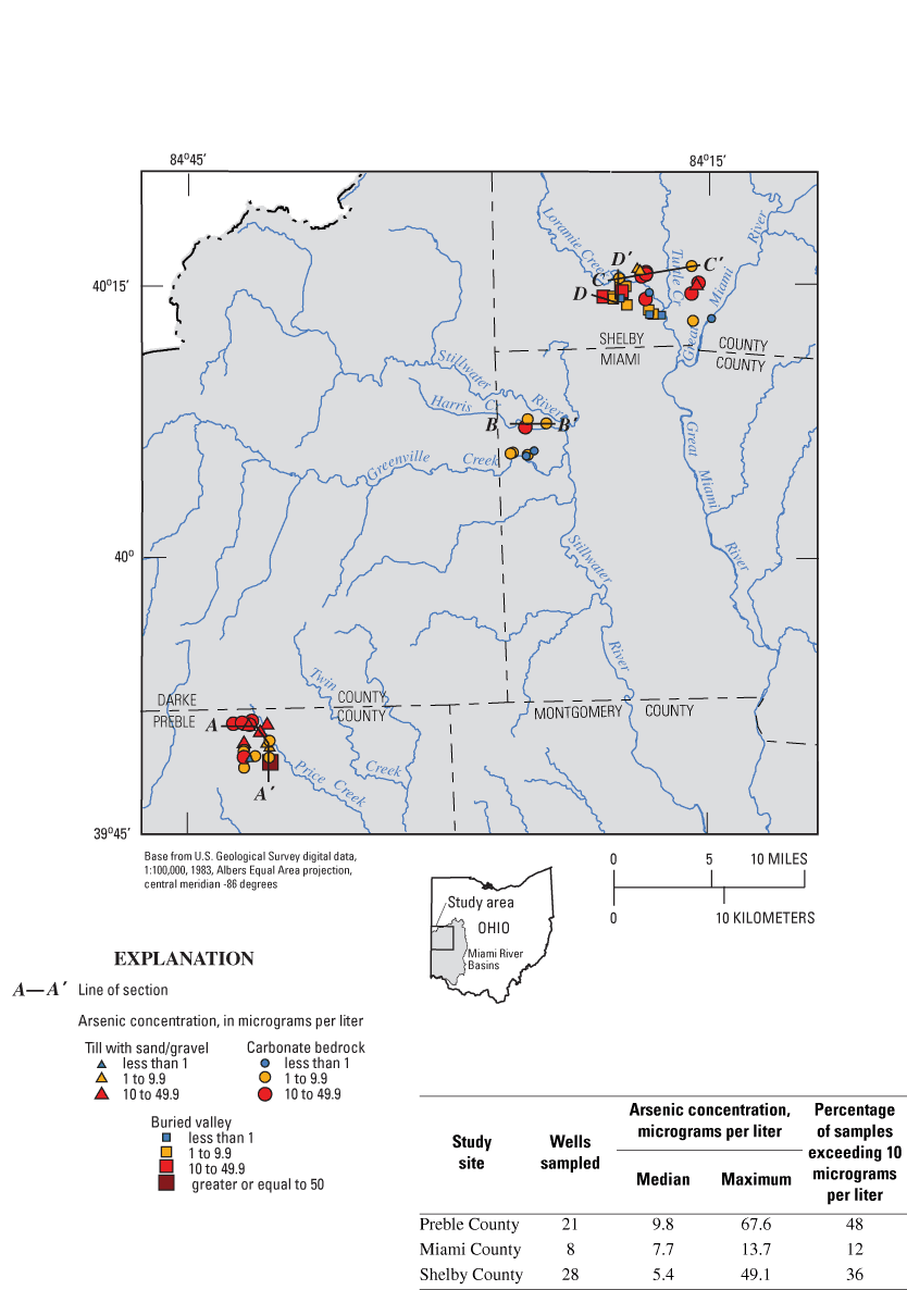 Map showing arsenic concentrations in selected domestic wells, southwestern Ohio.