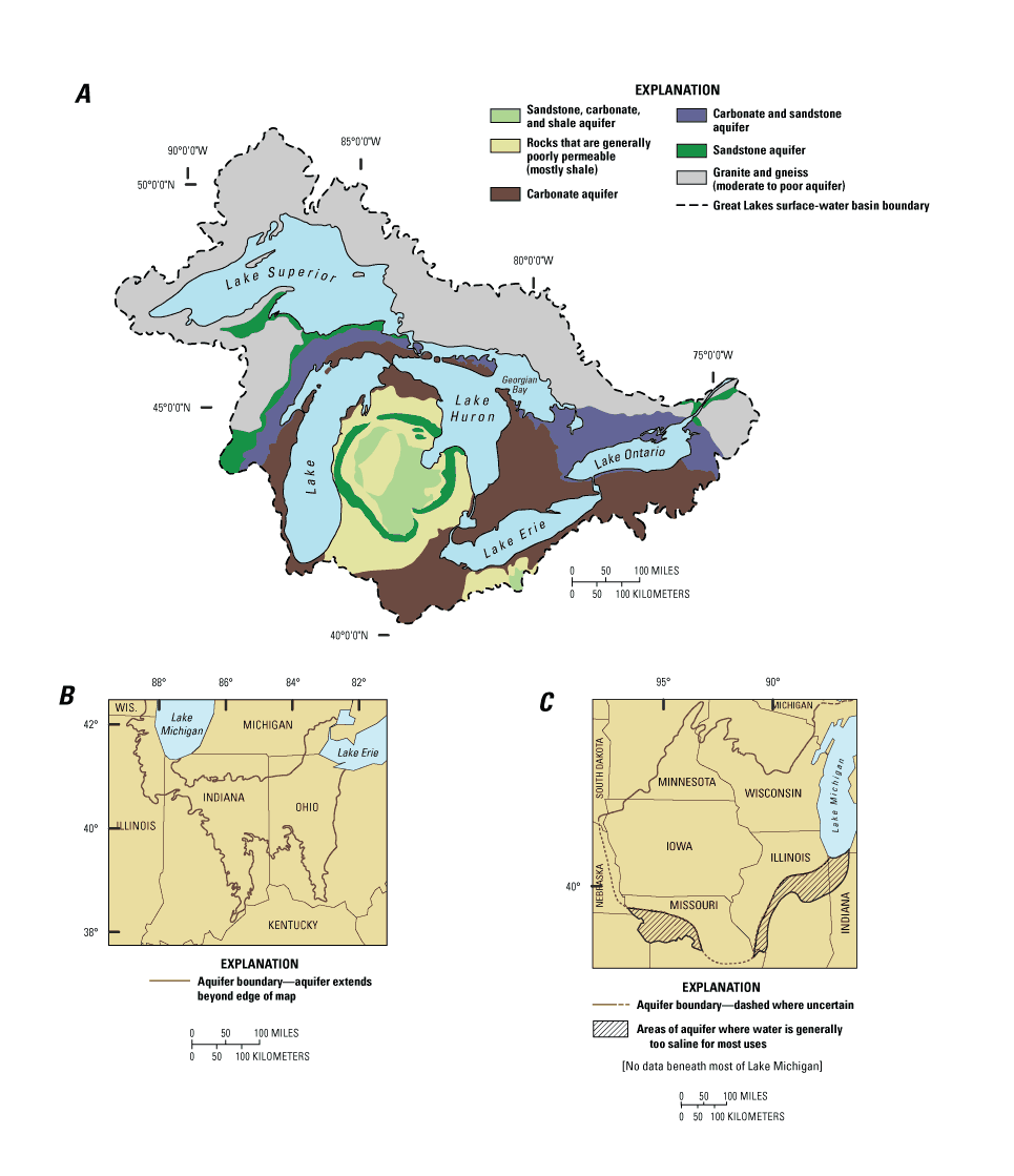 Three maps showing bedrock aquifer of the Great Lakes Basin; approximate extent of the freshwater-bearing carbonate aquifer in Ohio, Indiana, and parts of Michigan and Wisconsin; and approximate extent of sandstone aquifer west of lake Michigan.