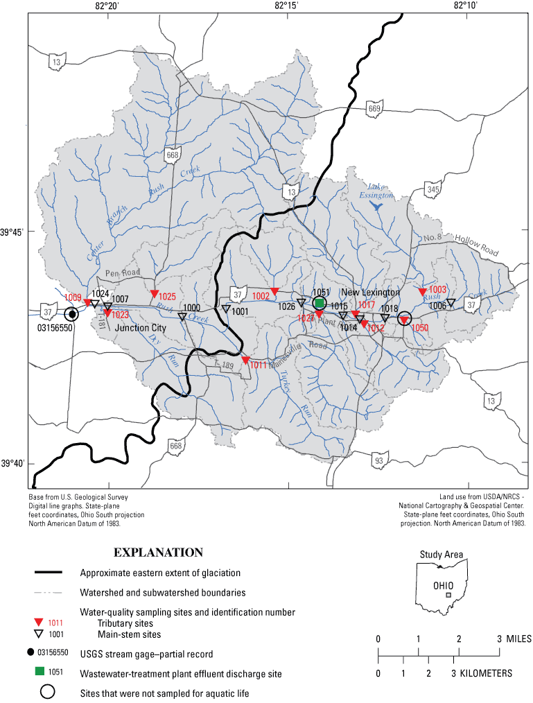 Figure 1 showing map of water-quality sites in the upper Rush Creek watershed, Perry County, Ohio.