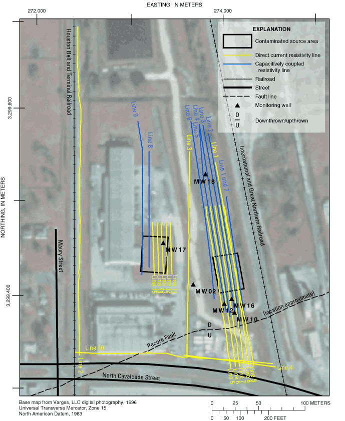 Figure 2. Map of the North Cavalcade Street site showing the direct current and capacitively coupled resistivity data locations, as well as the location of monitoring wells and infrastructure.