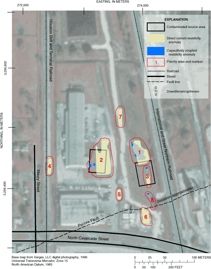 Figure 11. Map of North Cavalcade Street site showing areas of resistive anomalies found in two-dimensional direct-current and capacitively coupled resistivity lines.