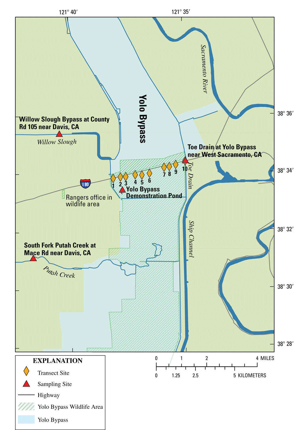 Figure 2 - Map of 10 sampling locations along a transect conducted in the Yolo Bypass, California on March 3, 2004.