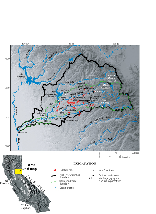 Figure 1 - Location of sediment and streamflow gaging stations, study area of the Upper Yuba River Studies Program (UYRSP), and the upper Yuba River watershed, California.