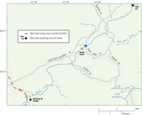 Figure 6 - Location of bed-load sampling sites and cross-section bed-load transport locations along Shady Creek in the upper Yuba River watershed, California.