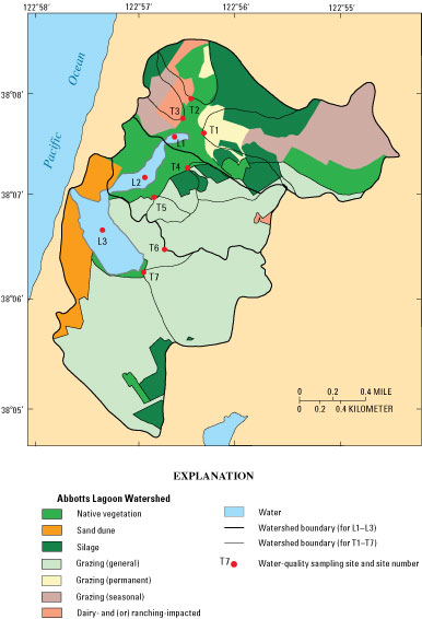 Figure 2 - Location of sampling sites, watersheds, and land use in Abbotts Lagoon watershed.