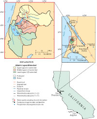 Location of sampling sites, sites for precipitation and evaporation data, sites for continuous stage recorders, and watersheds in Abbotts Lagoon watershed.