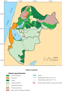 Location of sampling sites, watersheds, and land use in Abbotts Lagoon watershed.