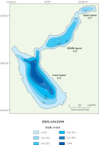 Bathymetry of upper, middle, and lower lagoons in Abbotts Lagoon at water surface elevation of 15.0 feet mean sea level (MSL).