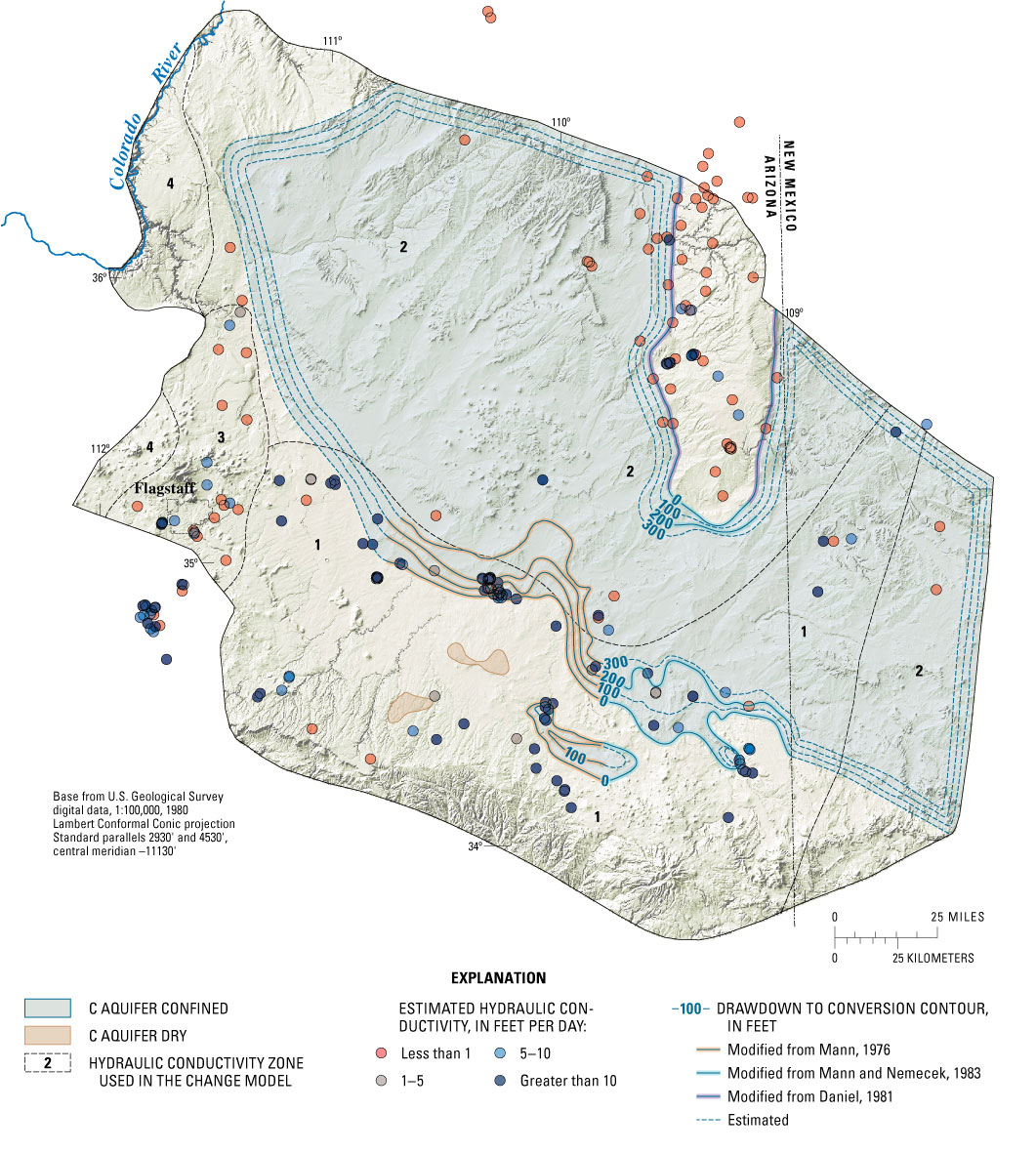 Figure 3 - Estimated hydraulic conductivity values for the C aquifer, northeastern Arizona, compiled by Southwest Ground-water Consultants (2003), hydraulic conductivity zones, and contours of drawdown to conversion to unconfined conditions used in the change model.