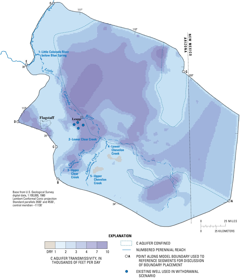 Figure 4 - Lateral model boundaries, perennial reaches, confined areas, and initial transmissivity used in simulations of effects of withdrawals in the Leupp, Arizona, area.