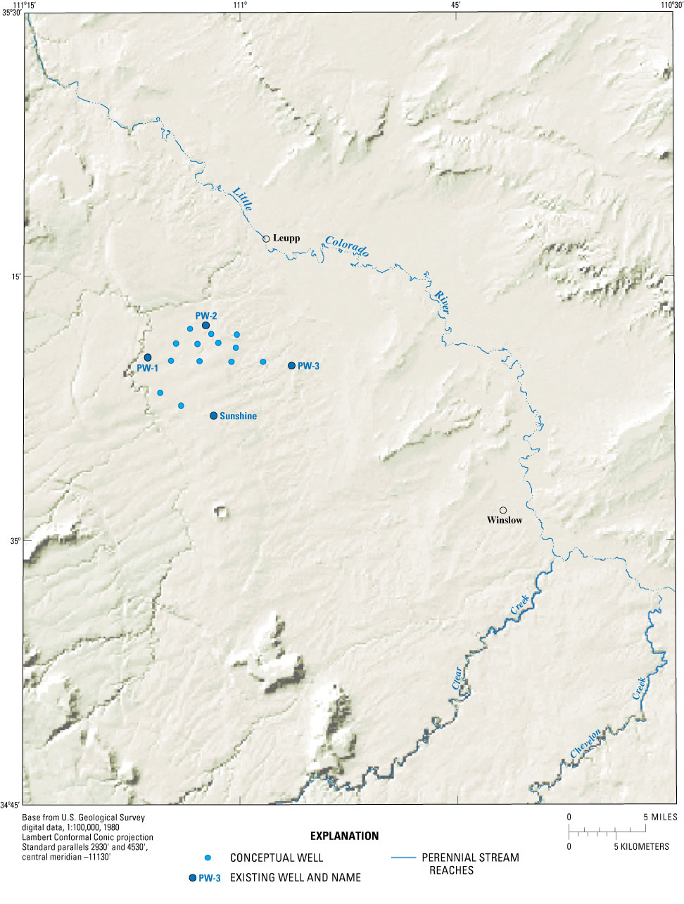 Figure 7 - Locations of existing and conceptual wells used in model simulation scenarios A and B for the C aquifer, northeastern Arizona..