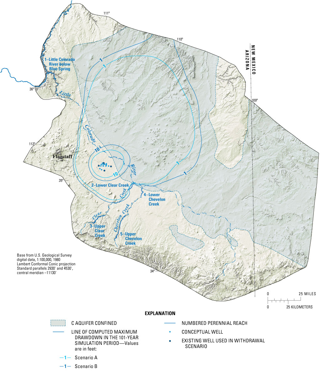 Figure 11 - Computed maximum drawdown in the 101-year model simulation period for scenarios A and B for the C aquifer, northeastern Arizona.