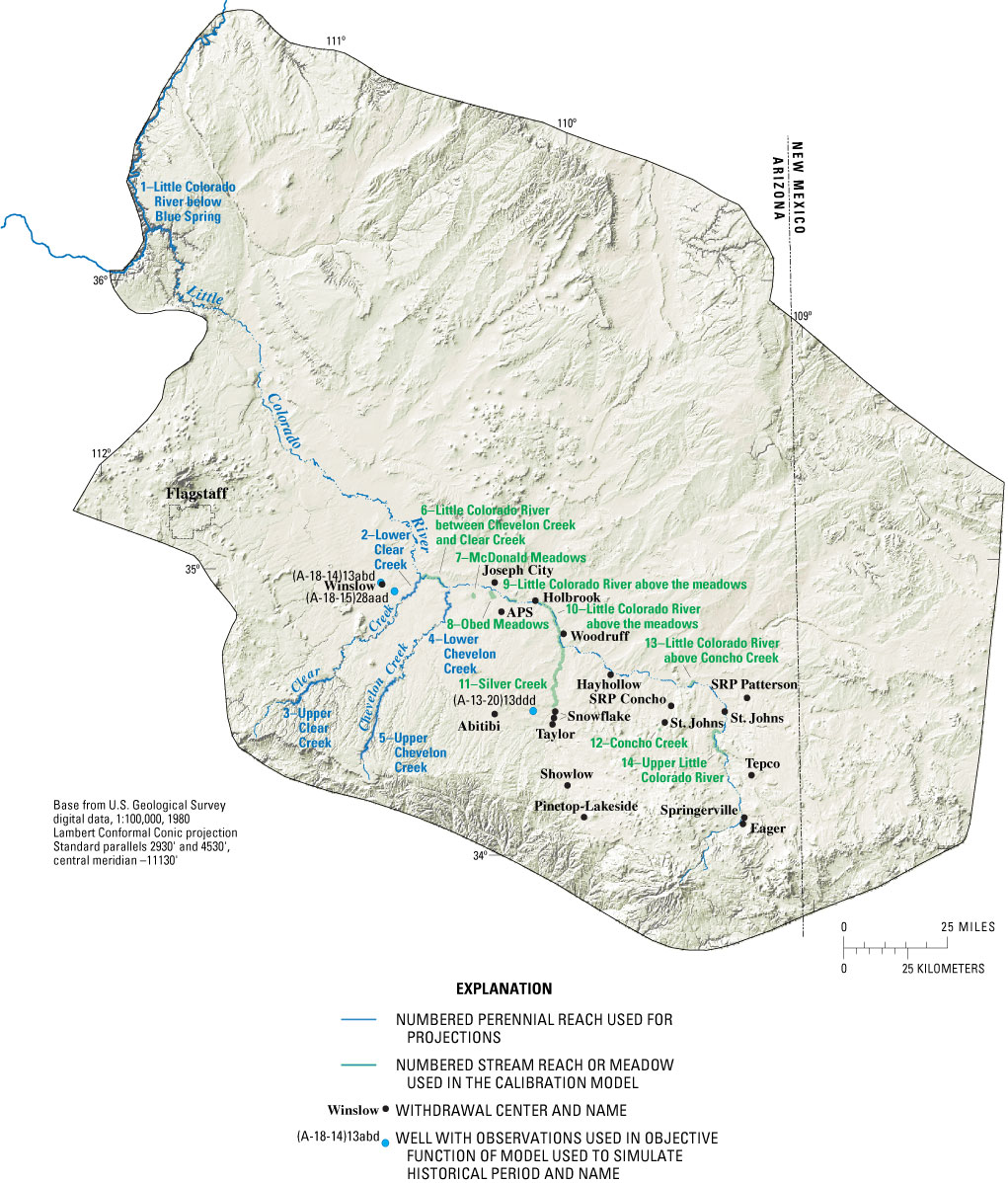 Figure 12 - Locations of withdrawal centers, stream reaches, and wells with observations in a change model for the C aquifer, northeastern Arizona, that simulates historical conditions.