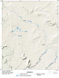 Locations of existing and conceptual wells used in model simulation scenarios A and B for the C aquifer, northeastern Arizona..