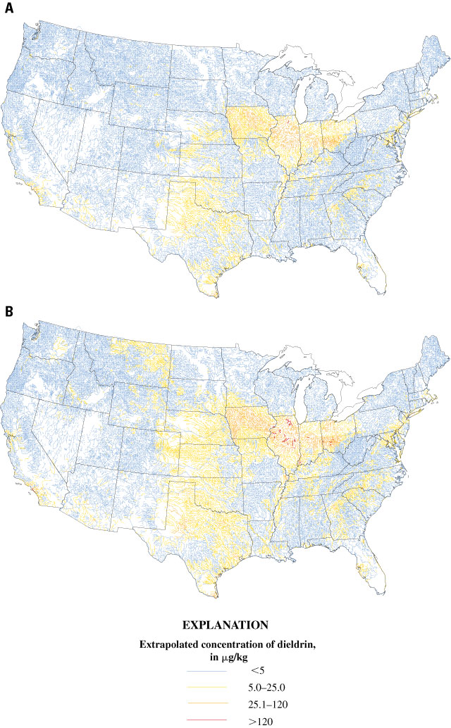 Figure 7 - Predicted dieldrin concentrations in whole fish for U.S. streams at (A) 4.2 percent lipid content (largemouth bass) and (B) 6.2 percent lipid content (all fish taxa).