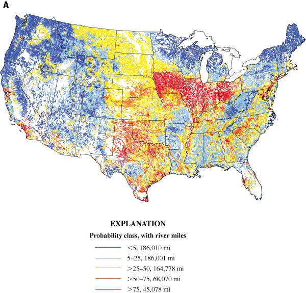 Figure 8A - Probability of streams having whole-fish samples that exceed (A) 5 µg/kg (which is the reporting level for dieldrin in whole fish and also corresponds to an EPA screening value at a cancer risk of 1:50,000) and (B) 25 µg/kg (which corresponds to the EPA screening value at a cancer risk of 1:10,000)