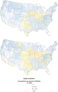 Predicted dieldrin concentrations in whole fish for U.S. streams at (A) 4.2 percent lipid content (largemouth bass) and (B) 6.2 percent lipid content (all fish taxa).