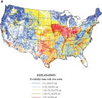 Probability of streams having whole-fish samples that exceed (A) 5 µg/kg (which is the reporting level for dieldrin in whole fish and also corresponds to an EPA screening value at a cancer risk of 1:50,000) and (B) 25 µg/kg (which corresponds to the EPA screening value at a cancer risk of 1:10,000)