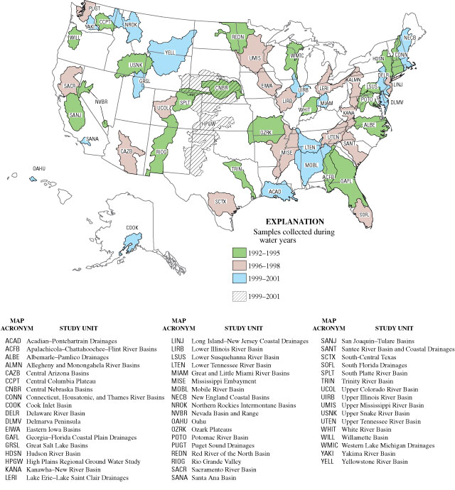 Locations of the 52 National Water-Quality Assessment Program study units that contributed the data analyzed in this report.