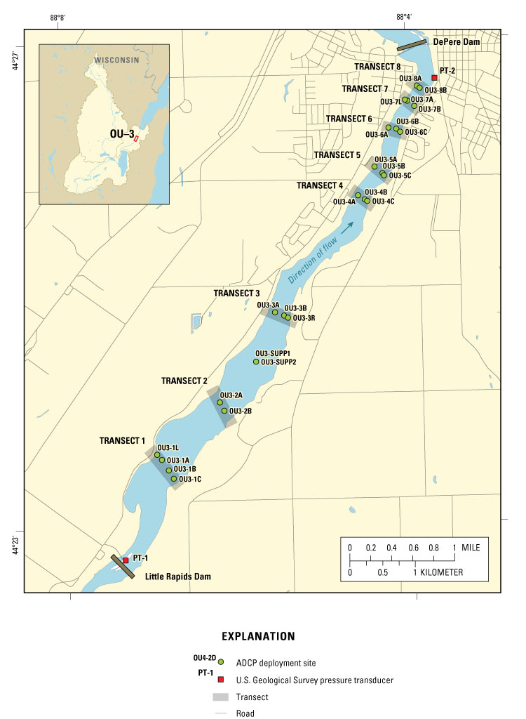 Figure 4. Acoustic Doppler current meter (ADCP) deployment sites with valid profiles within Operable Unit 3, Lower Fox River, Wis.