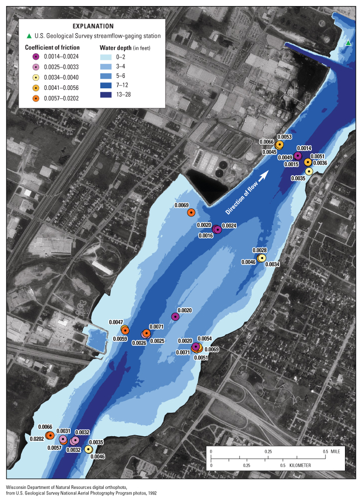 Figure 11b. Distribution of the bottom coefficient of friction calculated from November 2003 and March and May 2004 profiles, Operable Unit 4 (transects 3 through 6), Lower Fox River, Wis. Bathymetry is from the work completed by Jenkins Survey and Design under contract to Wisconsin DNR (October, 2004). 