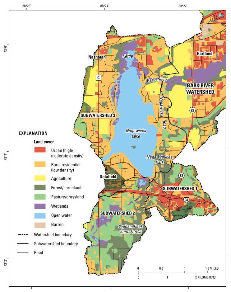 Figure 2. Subbasins and land use/land cover of the near-lake drainage area of Nagawicka Lake at Delafield, Wis. 