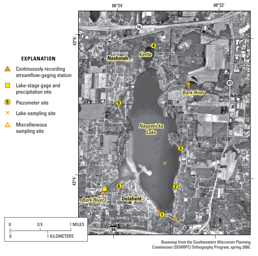 Figure 3. Locations and types of data-collection sites at Nagawicka Lake, Wis.