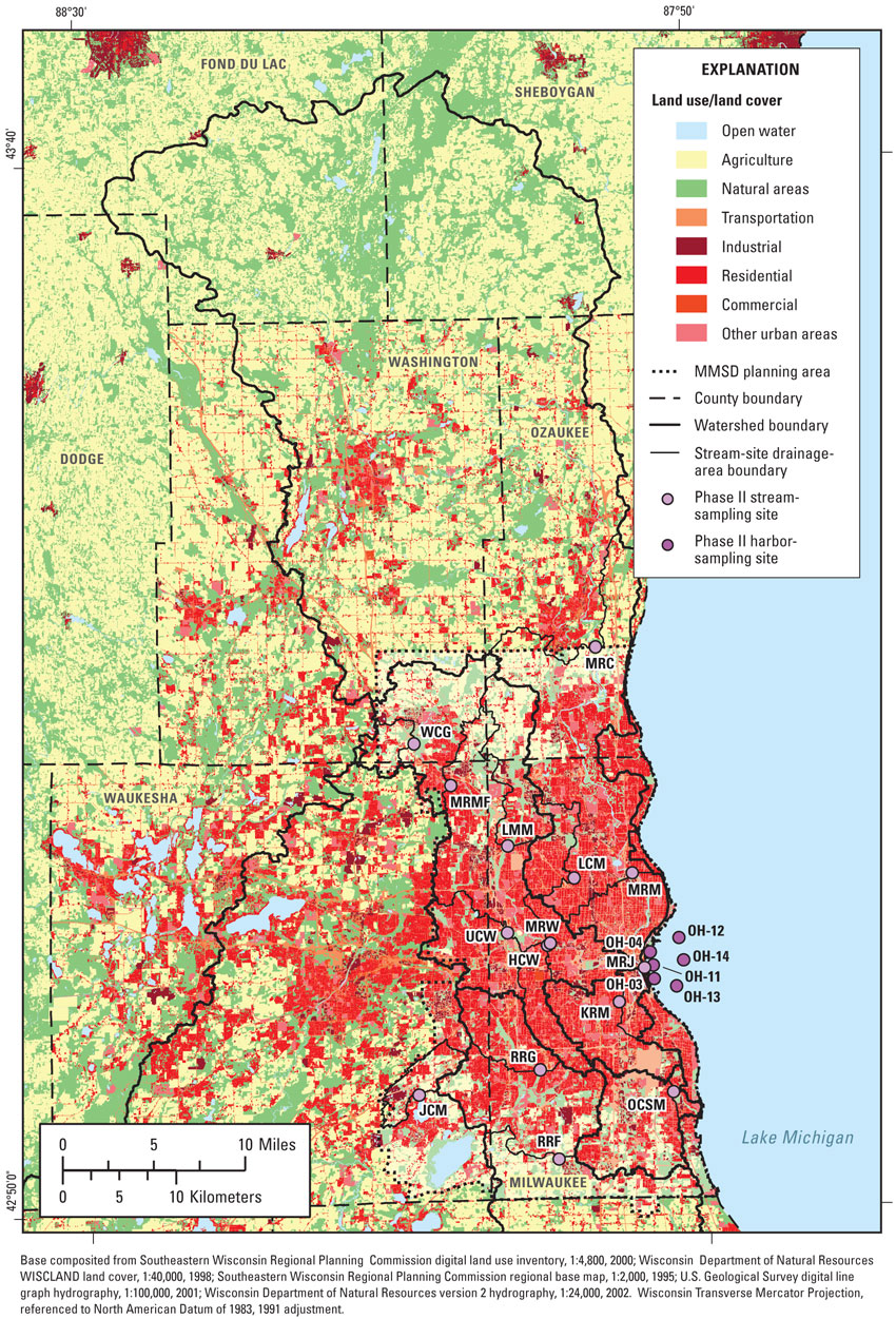 Figure 2. Land use/land cover and stream-site drainage-area boundaries for stream sites sampled during Phase II of the Milwaukee Metropolitan Sewerage District (MMSD) Corridor Study.