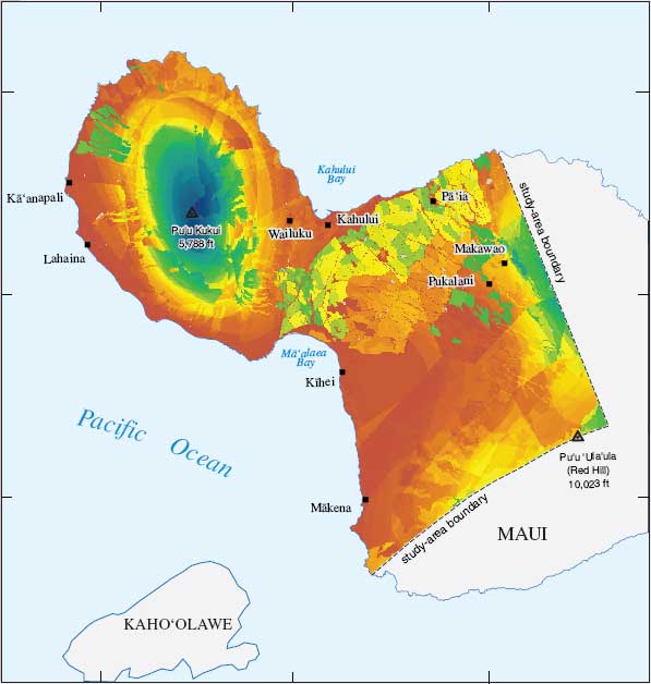 map of Maui.  Recharge is great in the highlands of West Maui and low in the south lowlands