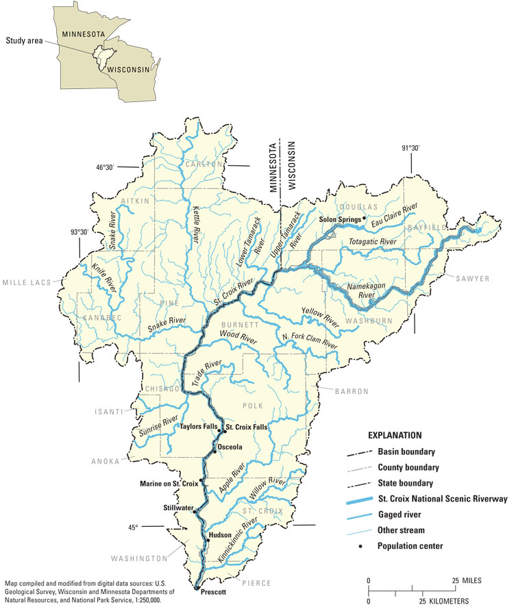 Figure 1. Location of study area, St. Croix River Basin, Minnesota and Wisconsin.