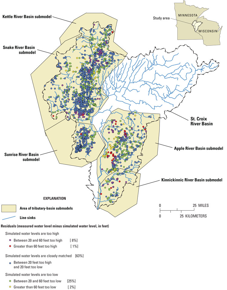 Figure 9. Distribution of water-level residuals for tributary-basin submodels of the Kettle, Snake, and Sunrise River Basins, Minnesota, and of the Apple and Kinnickinnic River Basins, Wisconsin.
