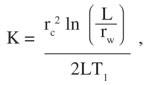Equation 1. K equals the quantity of r sub c squared times the natural log of the quantity L divided by r sub w, divided by the quantity 2 times L times T sub l.