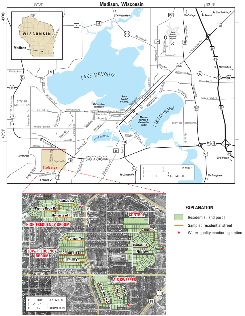 Figure 1. Location of study basins and water-quality monitoring stations, Madison, Wis.
