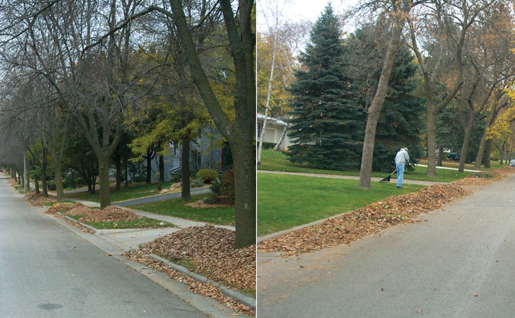 Figure 18. Examples of lawn-maintenance practices in two study basins. The pile of debris moved into the street may introduce sources of variability in measured water-quality loads.