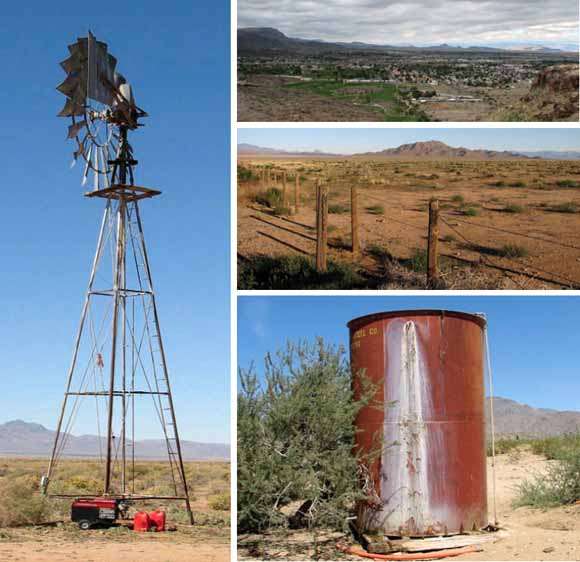 set of four photos:  windmill, two arid scenes, and a large water tank
