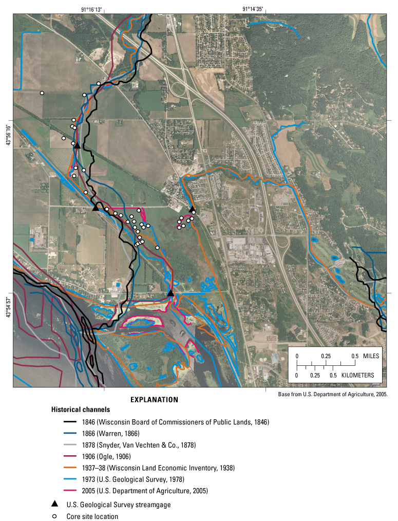 Figure 3. Historical changes in Halfway Creek and Sand Lake Coulee channel locations, Halfway Creek Marsh, Wis.