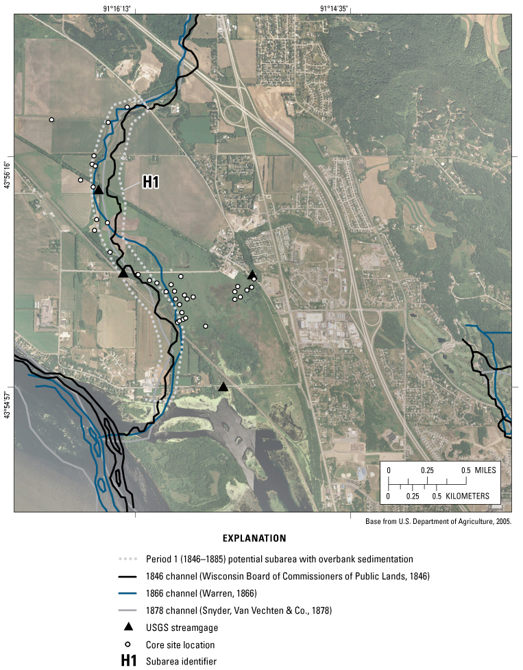 Figure 6A. Historical changes in channel locations and potential subareas with overbank sedimentation along Halfway Creek Marsh, Wis., for period 1 (1846–1885). Overbank sedimentation volumes for labeled potential subareas are listed in table 2.