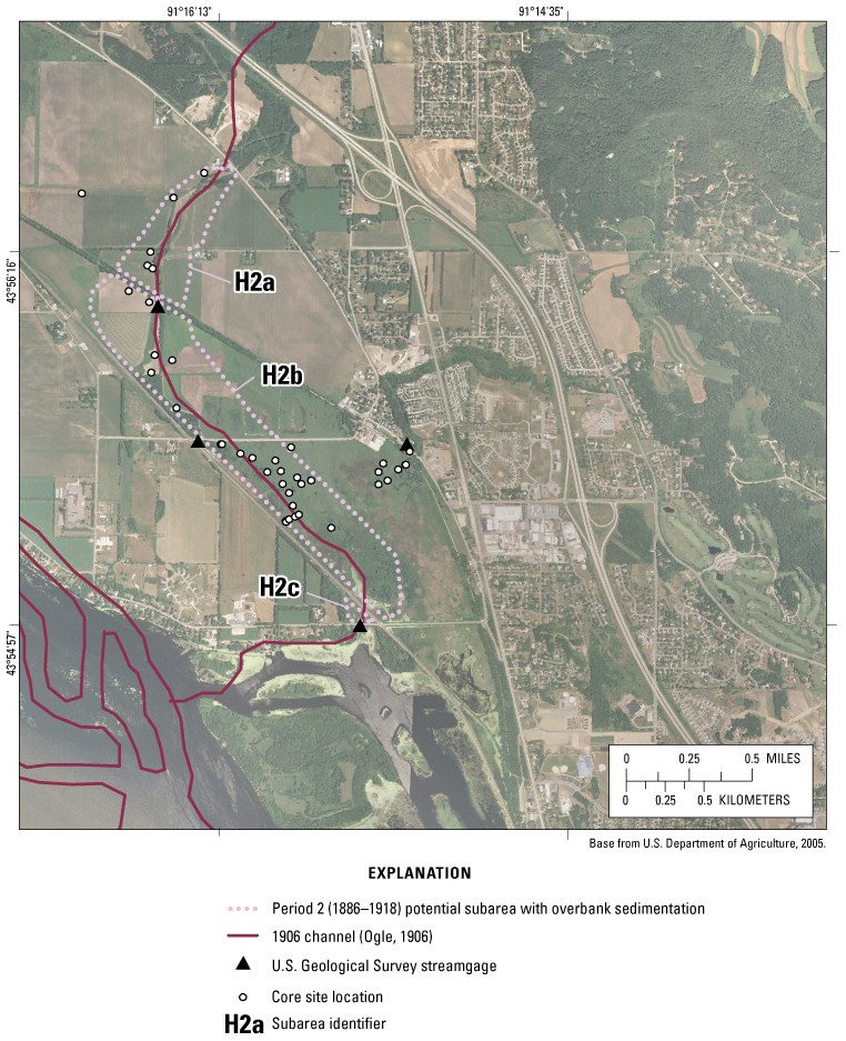 Figure 6B. Historical changes in channel locations and potential subareas with overbank sedimentation along Halfway Creek Marsh, Wis., for period 2 (1886–1918). Overbank sedimentation volumes for labeled potential subareas are listed in table 2.
