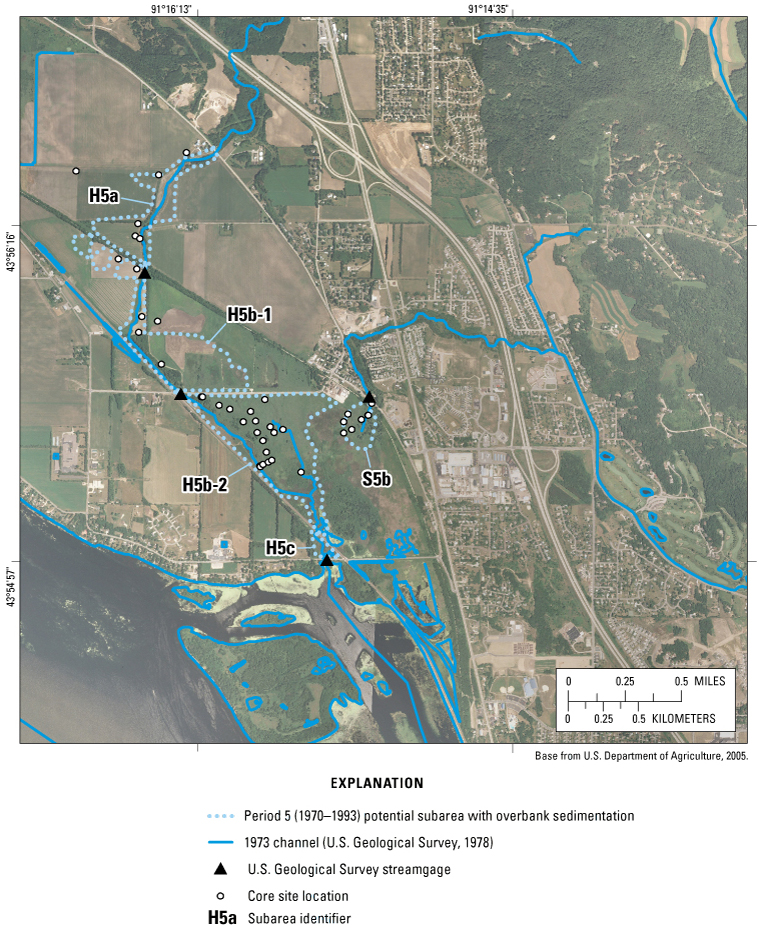 Figure 6D. Historical changes in channel locations and potential subareas with overbank sedimentation along Halfway Creek Marsh, Wis., for period 5 (1970–1993). Overbank sedimentation volumes for labeled potential subareas are listed in table 2.