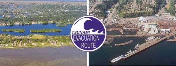 pair of photos of towns adjacent to bays.  Tsunami symbol is round with a stylized drawing of a wave cresting