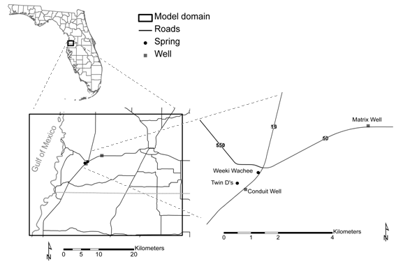 Site and location map with springs and monitoring wells