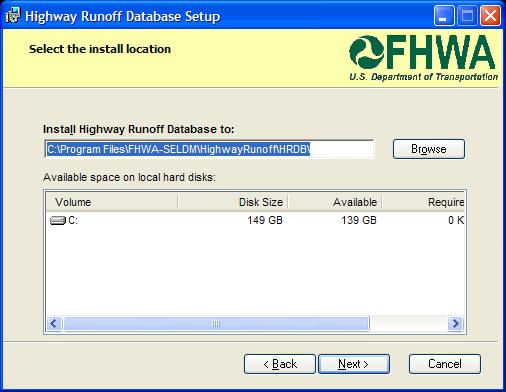Database Installation Destination Screen