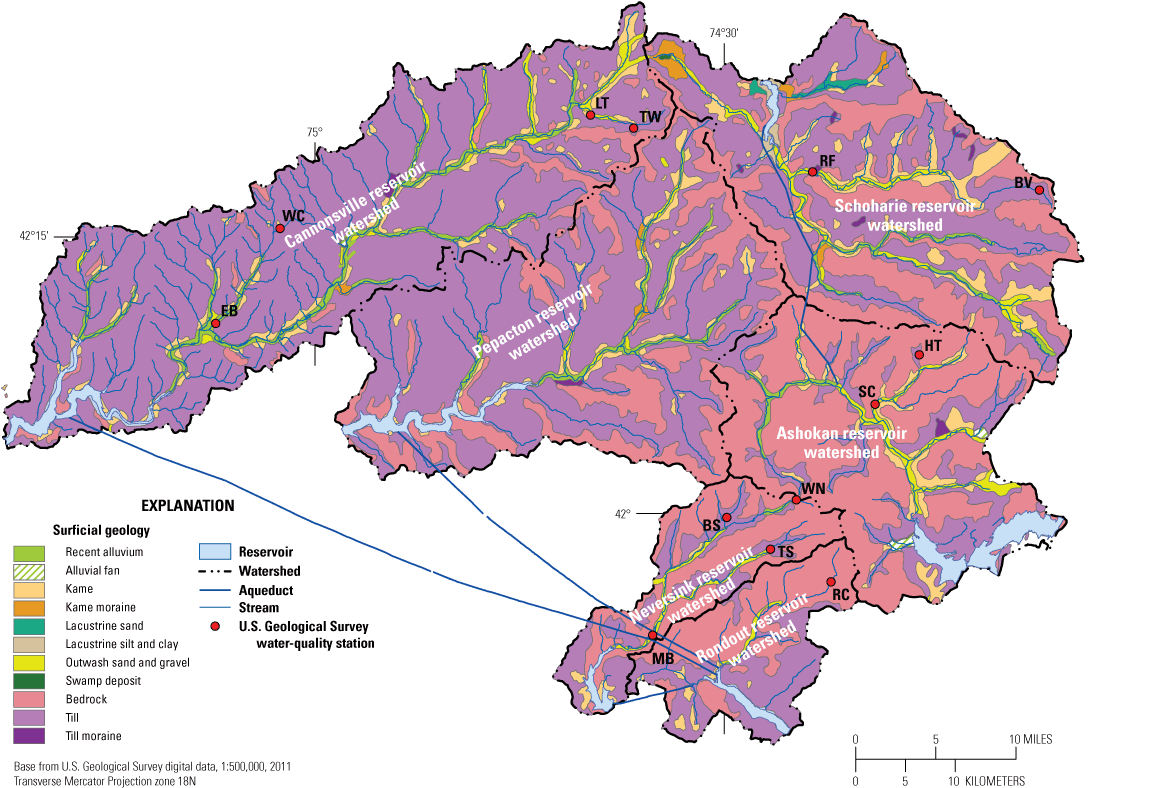 One large irregular outline around six stream areas, the center mostly colored in
                           with purple (till) and red (bedrock).
