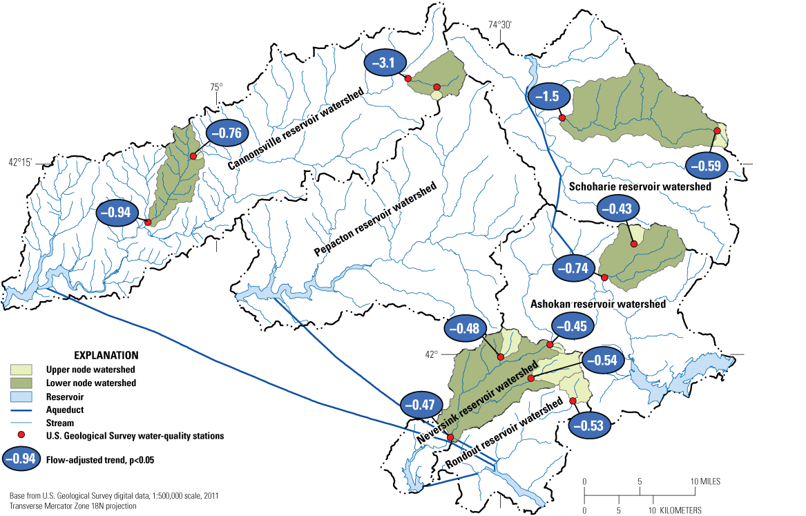 Six black outlines around blue streams. Green shading on smaller areas, blue circles
                        with white numbers, blue lines for aqueducts.