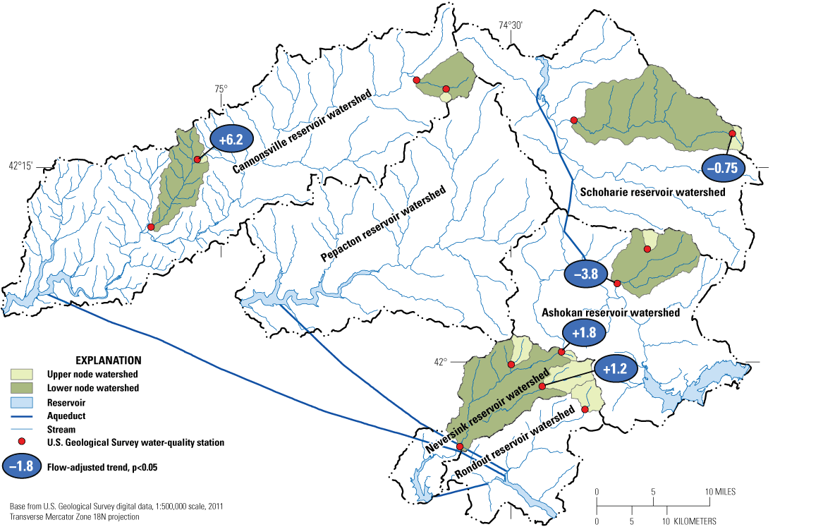Six black outlines around blue streams. Green shading on smaller areas, blue circles
                        with white numbers, blue lines for aqueducts.