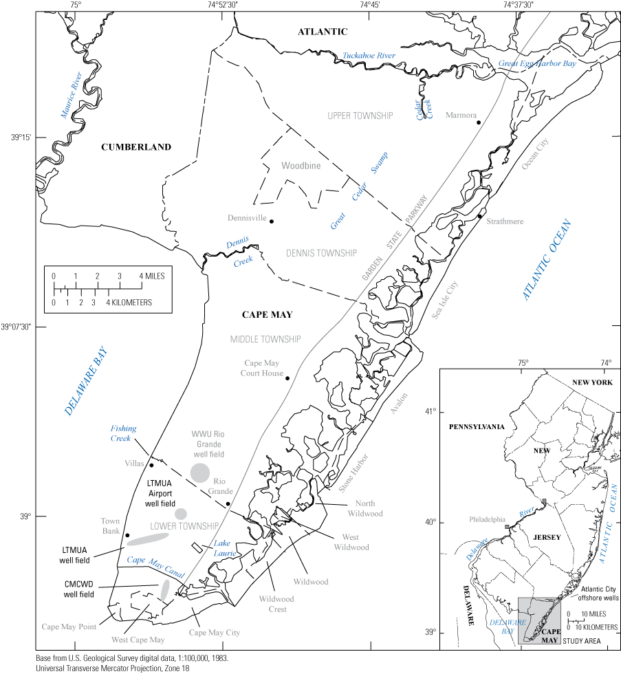 Points of interest located in the Lower and Middle Townships of Cape May County in
                     southern New Jersey, between Delaware Bay and the Atlantic Ocean.