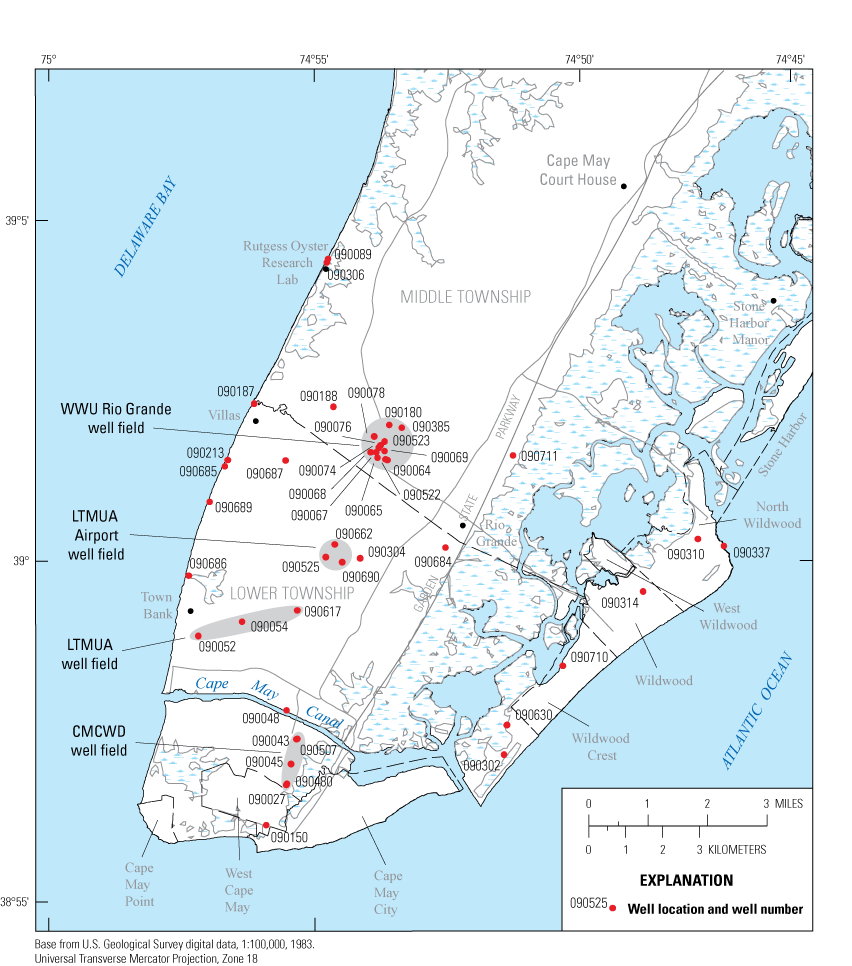 Location of wells including four public-supply wells and two observation wells in
                     the Wildwoods, three supply and two observation wells near Cape May City, Lower Township
                     MUA supply wells, supply wells in the WWU Rio Grande well field in southern Middle
                     Township, and observation wells along the Delaware Bay shoreline.