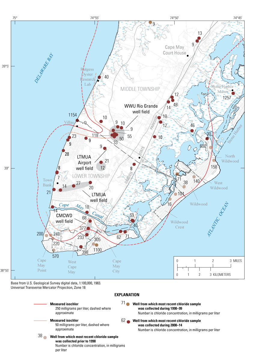Points distributed throughout southern Cape May, including in and near the public-supply
                           well fields shown in figure 2, along the Delaware Bay shoreline and along U.S. Route
                           9/Garden State Parkway on the east edge of the Cape May peninsula mainland, just east
                           of the back bays and salt marshes west of the barrier islands.