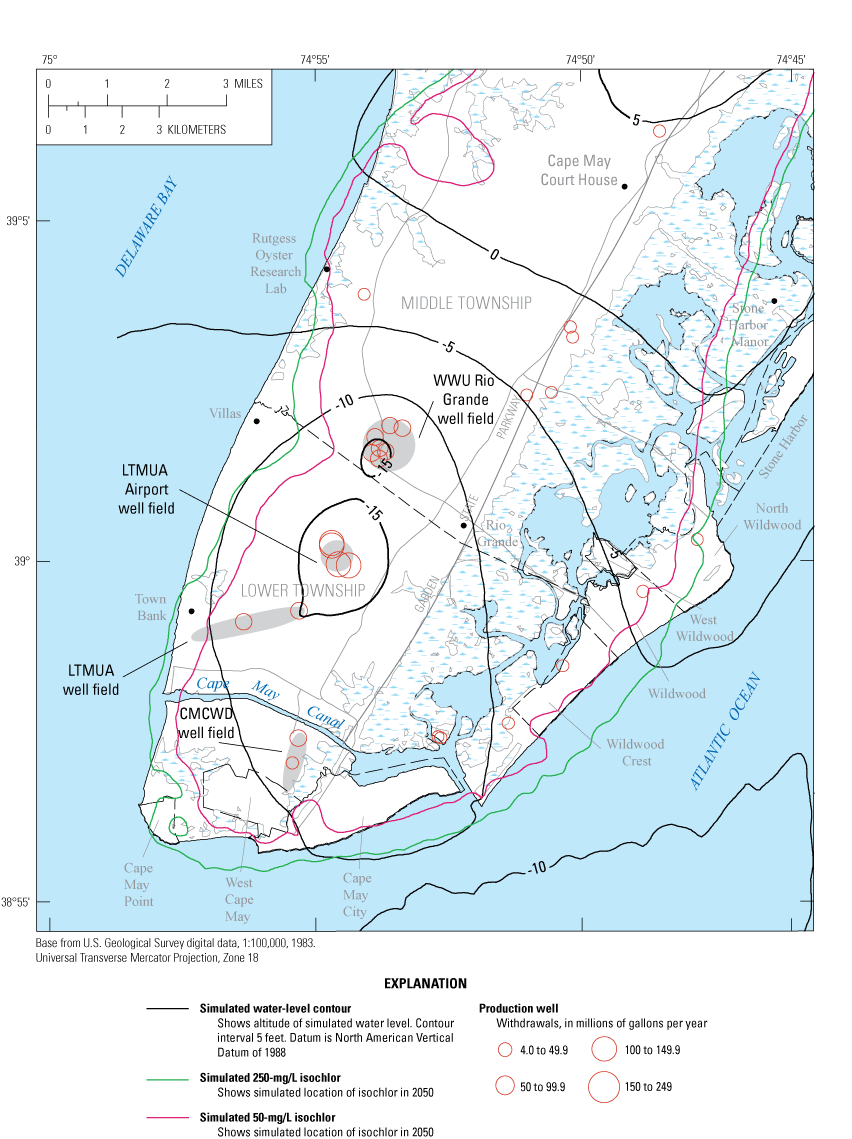 Simulated water-level contours range from 0 ft east-to-west across the middle of Middle
                           Township to –15 contours around the Rio Grande well field and the LTMUA well fields.
                           The simulated 250 mg/L isochlor is near but offshore the Cape May peninsula shoreline
                           but is on-shore west of the WWU Rio Grande and LTMUA well fields and north of Wildwood.
                           The 50 mg/L isochlor parallels the 250 mg/L isochlor and is about 0.5–1 mile inland.