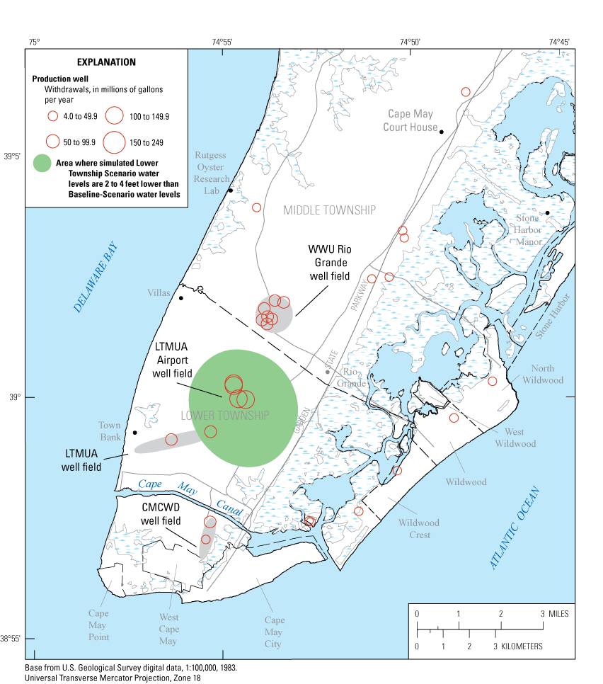 Location of withdrawal wells with proportional circles indicating the magnitude of
                     the withdrawals.  Centered on the Lower Township Municipal Utilities Authority airport
                     well field is an area ~3 miles in diameter, in which the simulated water levels are
                     2–4 feet lower than in the Baseline Scenario.